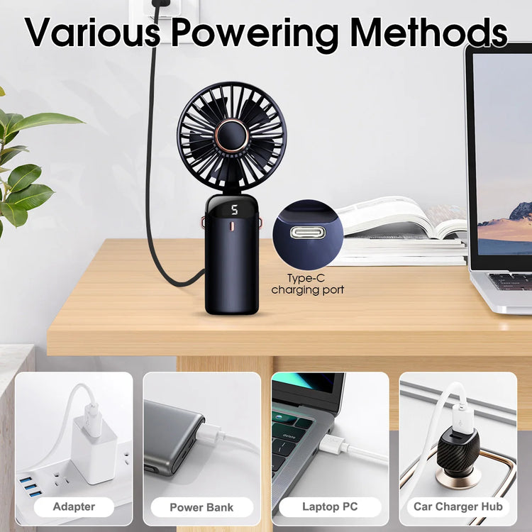 Handheld Mini Fan & Desk Phone Stand Portable Neck Hanging 5-Speed 1800mAh USB Rechargeable