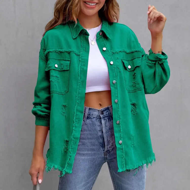 Denim Jeans Jacket Frayed Hem Ripped Distressed Look Mid-Length Vintage Style