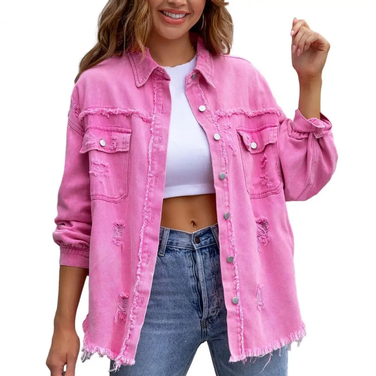 Denim Jeans Jacket Frayed Hem Ripped Distressed Look Mid-Length Vintage Style