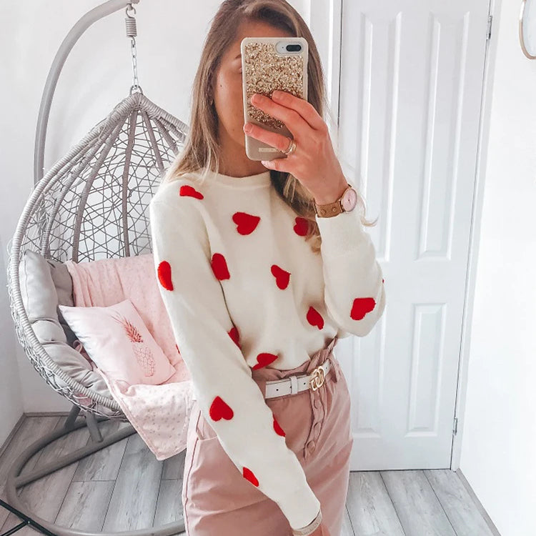 Love Hearts Knitted Sweater Women's Embroidery Pullover Winter Jumper