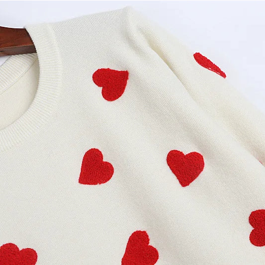 Love Hearts Knitted Sweater Women's Embroidery Pullover Winter Jumper