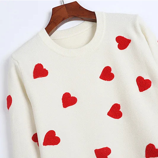 Love Hearts Knitted Sweater Women's Embroidery Pullover Winter Jumper