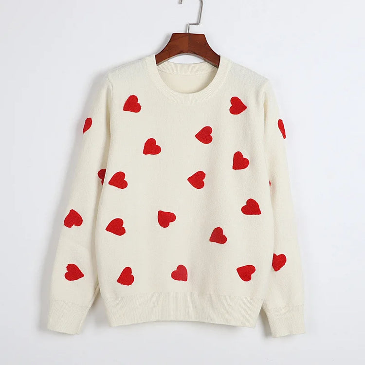 Love Hearts Knitted Sweater Women's Embroidery Pullover Winter Jumper
