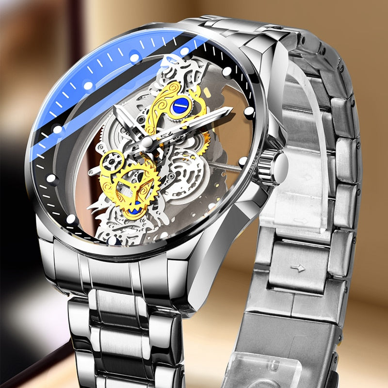 Luxury TEVISE Skeleton Tourbillon Mechanical Gold and white Watch for Men. good