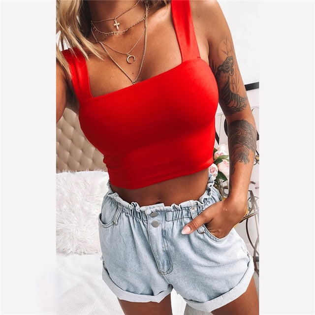 Summer Camis Women Crop Top Sleeveless Shirt, hot and Neck low