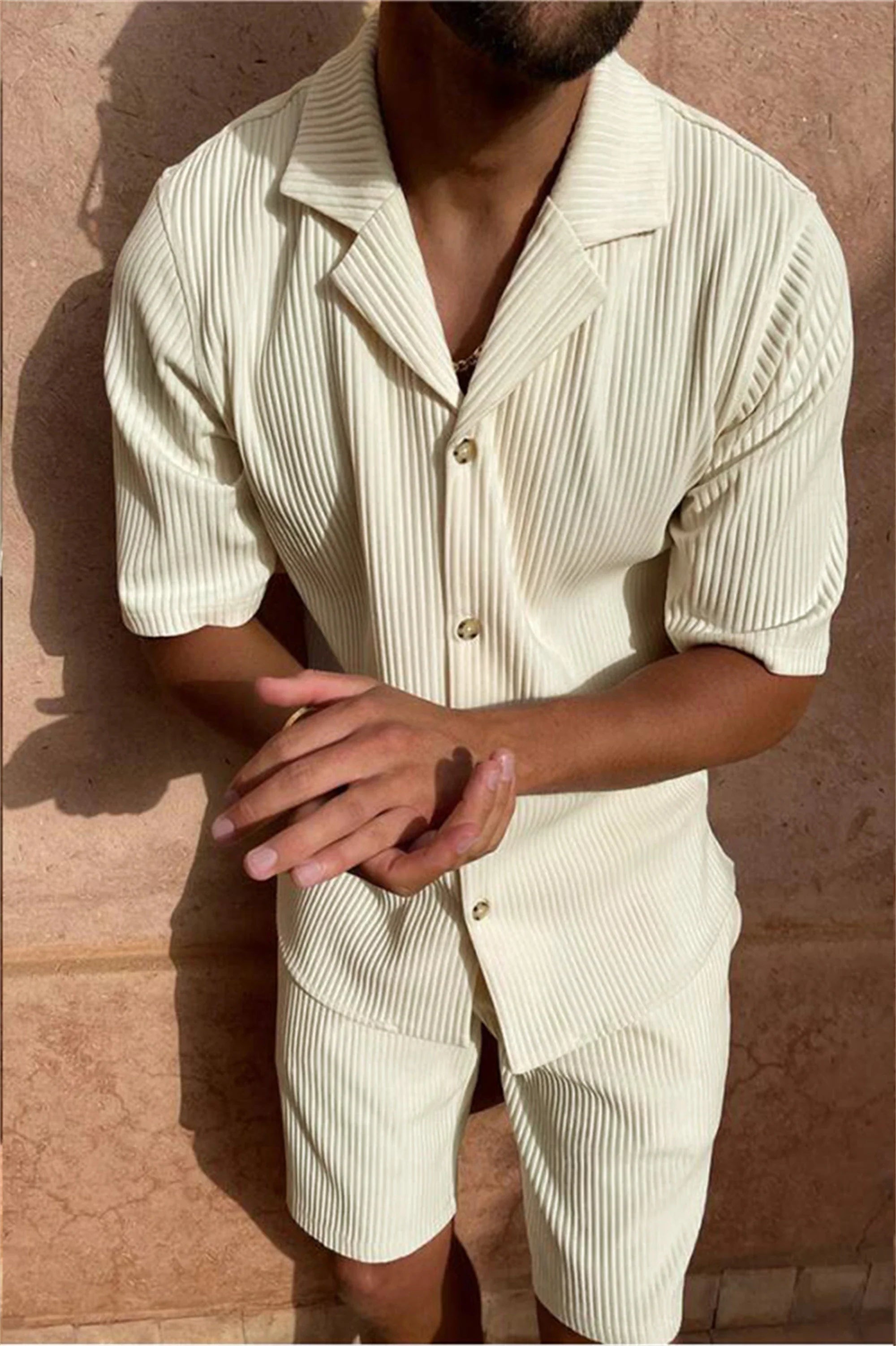 Model wearing men's shirt and shorts set casual outfit from Keep Melbourne Marvellous! webstore