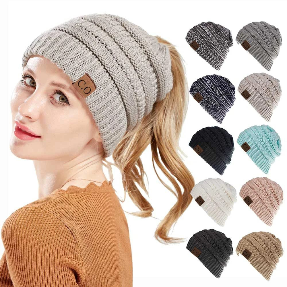Knitted Hat Beanie With Opening - No More Messy Hair Ponytail Tidy