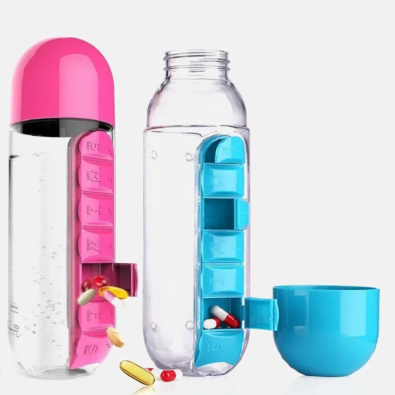 7-day pillbox water bottle with meds compartment portable for elderly seniors travel gym workout sports