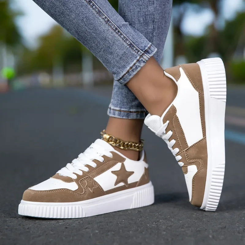 Trendy chunky women's sneakers stars patches khaki and white