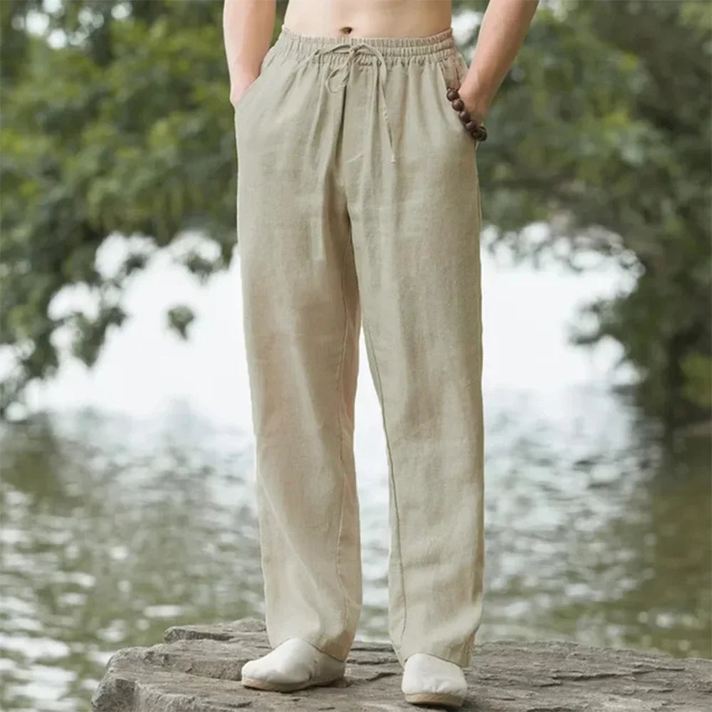 Man in Cotton Linen Relaxed Fit Beach Pants