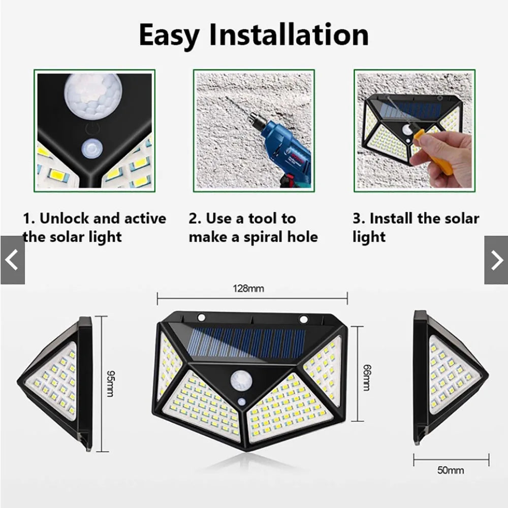 Instructions for installing a solar light with measurements and tools shown.