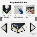 Instructions for installing a solar light with measurements and tools shown.