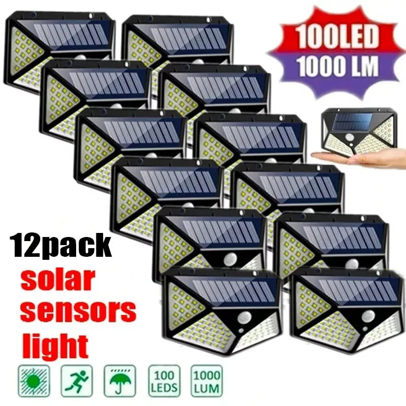 12-pack of solar-powered LED lights with a hand holding one for scale.