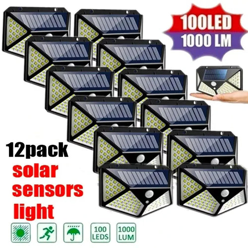 12-pack of solar-powered LED lights with a hand holding one for scale.