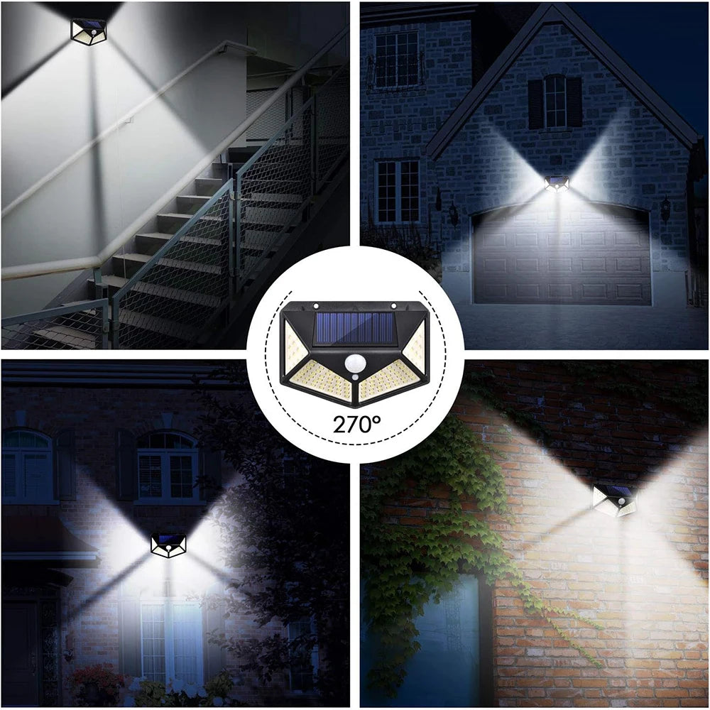 Solar light fixture in various outdoor settings with a central icon of the light.