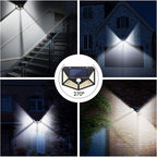 Solar light fixture in various outdoor settings with a central icon of the light.