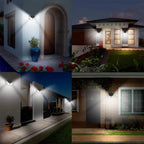 Collage of outdoor lighting fixtures on various building exteriors.