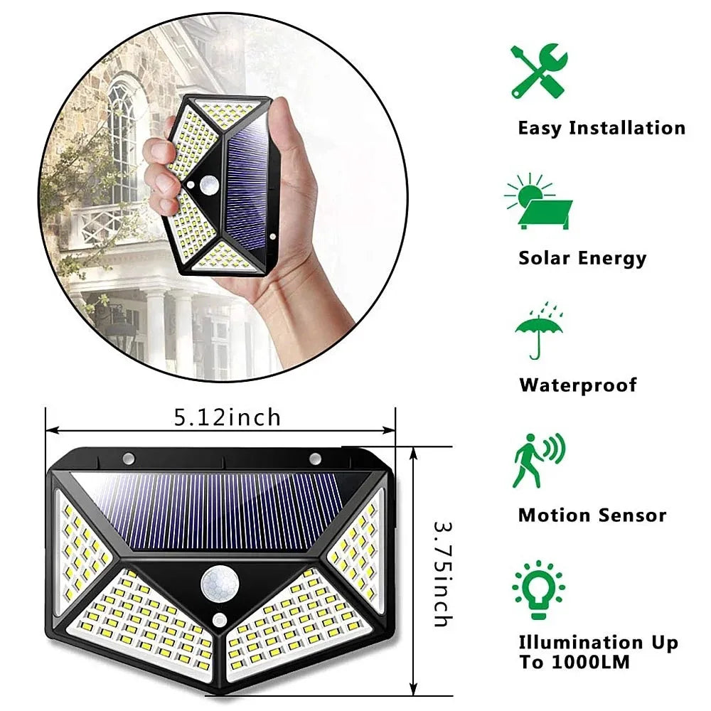 Solar-powered outdoor light with installation, energy, waterproof, motion sensor, and illumination features.