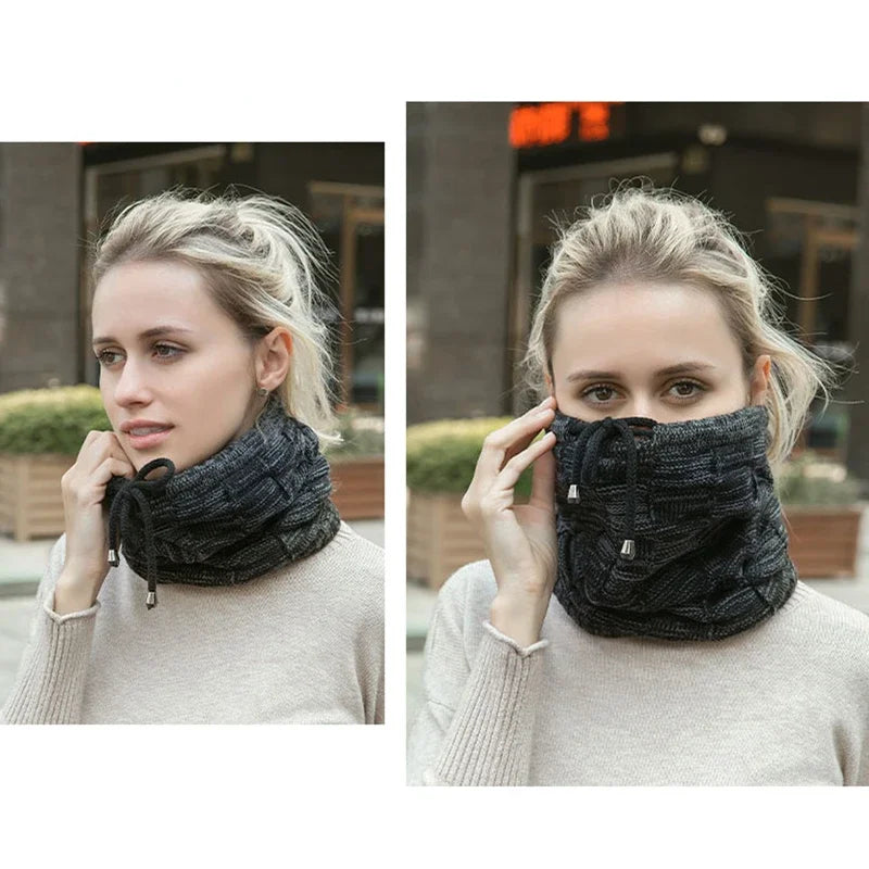 Woman wearing a dark gray scarf in two different ways outdoors.