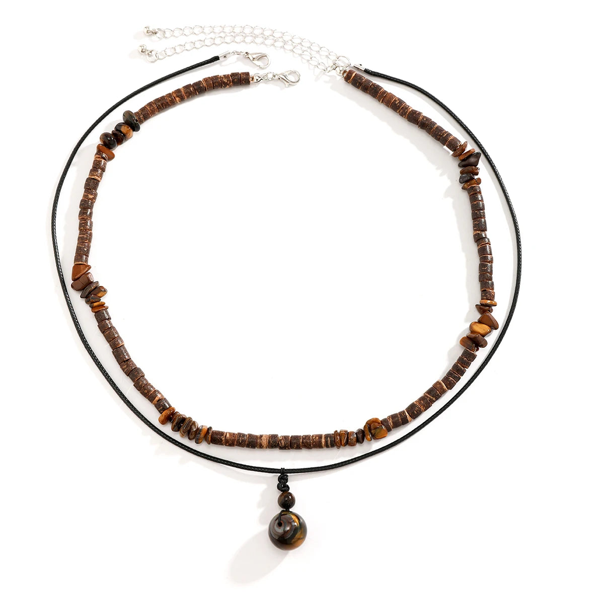 Necklace with brown beaded chain and pendant on a white background