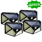 Four solar-powered LED motion sensor lights with a '4 pack' label on a white background.