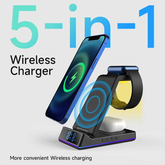 Wireless Charger Phone Stand Watch Earbuds Alarm Clock Night Light 15W Charging Dock iPhone Samsung