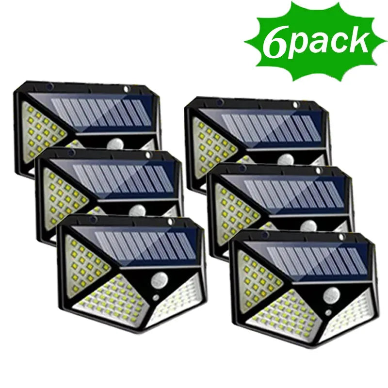 Six solar-powered motion sensor lights with a '6 pack' label on a white background.