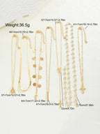 Six gold-toned necklaces displayed on a light textured background with overlaid length measurements and weight text.