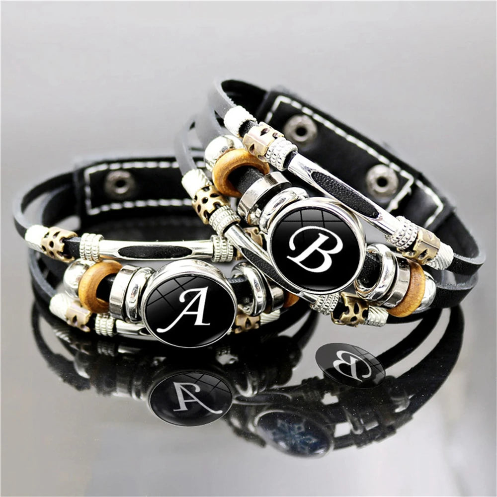 A-Z Name Letter Charm Braided Multilayer Punk Leather Bracelet