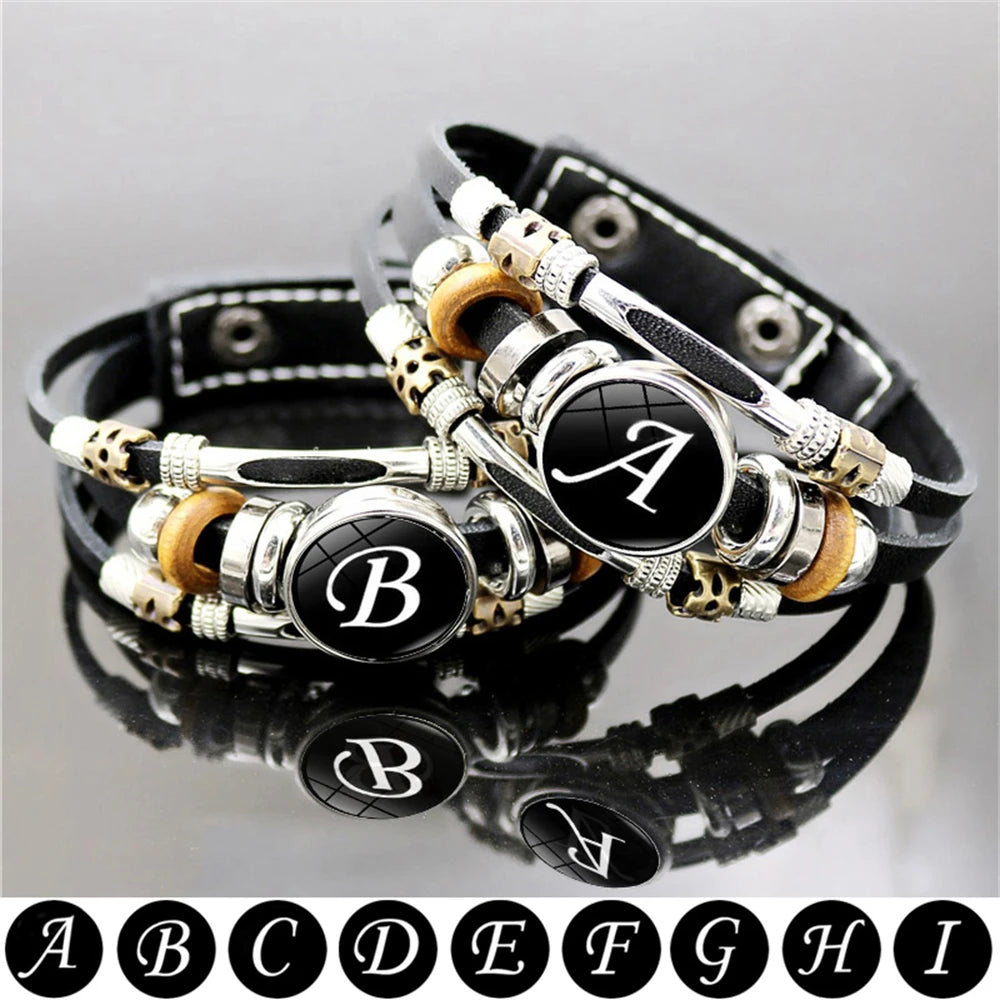 A-Z Name Letter Charm Braided Multilayer Punk Leather Bracelet