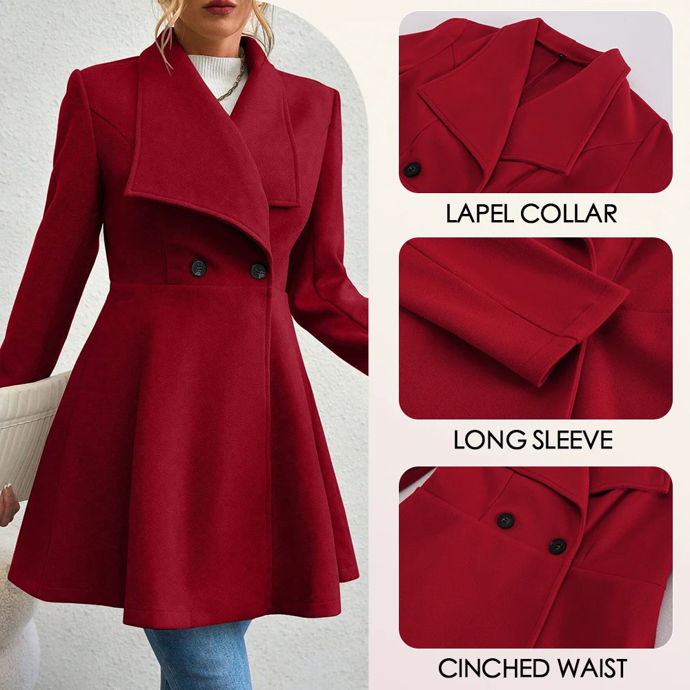 Double Breasted Coat French Lapels Button Up Mid Length Overcoat Cinched Waist-Keep Melbourne Marvellous Official Store
