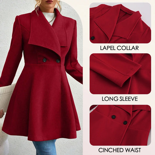 Double Breasted Coat French Lapels Button Up Mid Length Overcoat Cinched Waist-Keep Melbourne Marvellous Official Store