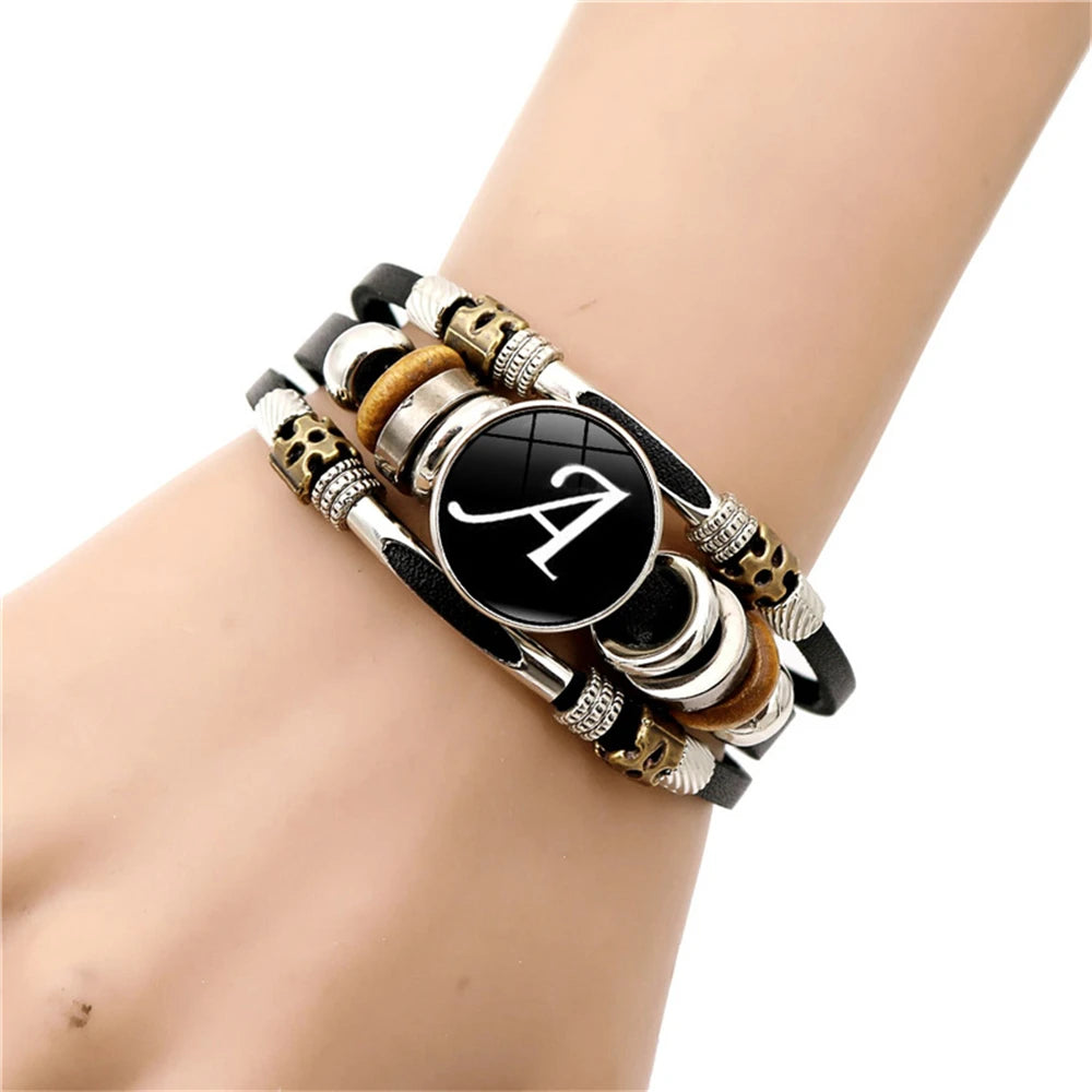 A-Z Name Letter Charm Braided Multilayer Punk Leather Bracelet