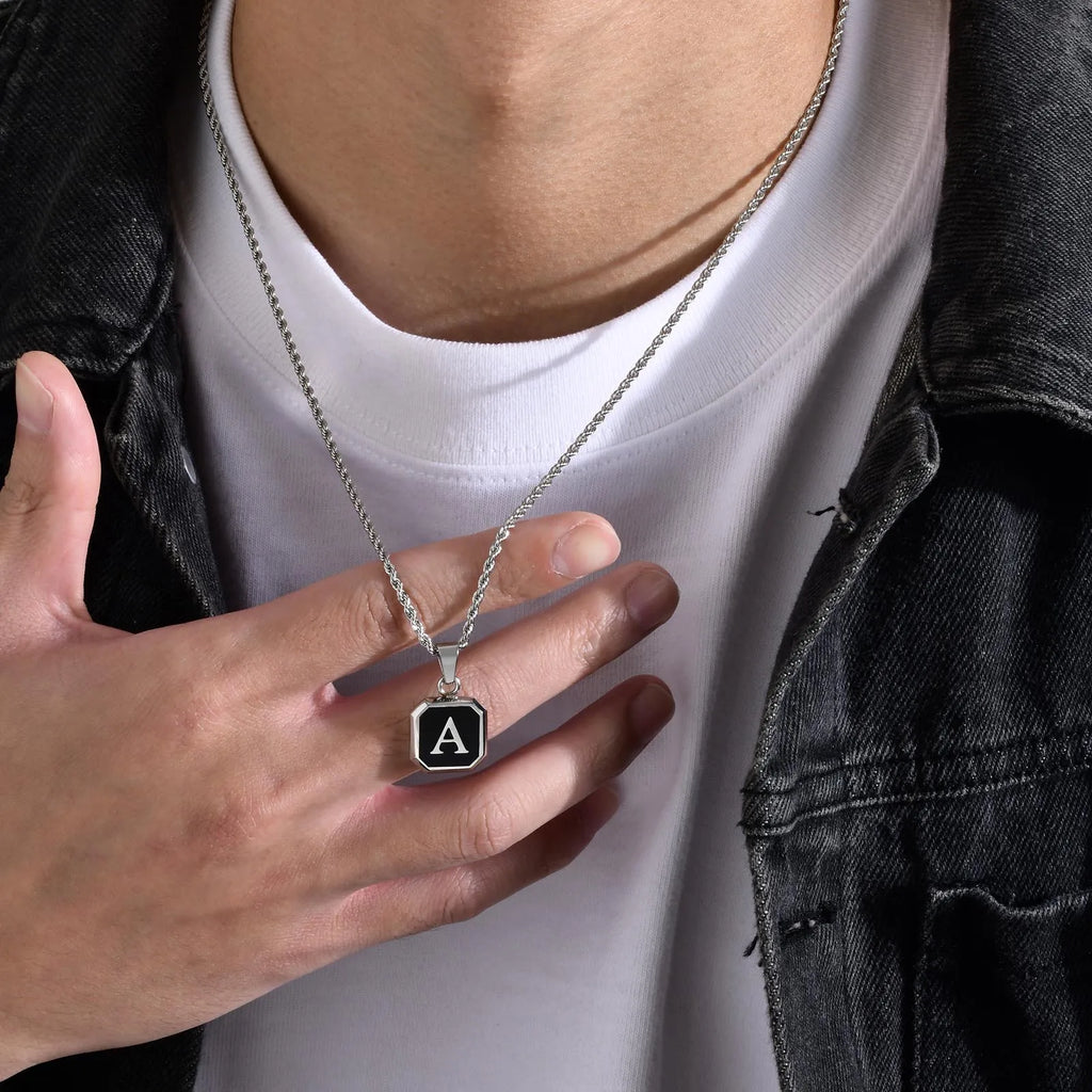 Name Initial Personalised Necklace A-Z Square Stainless Steel Pendant