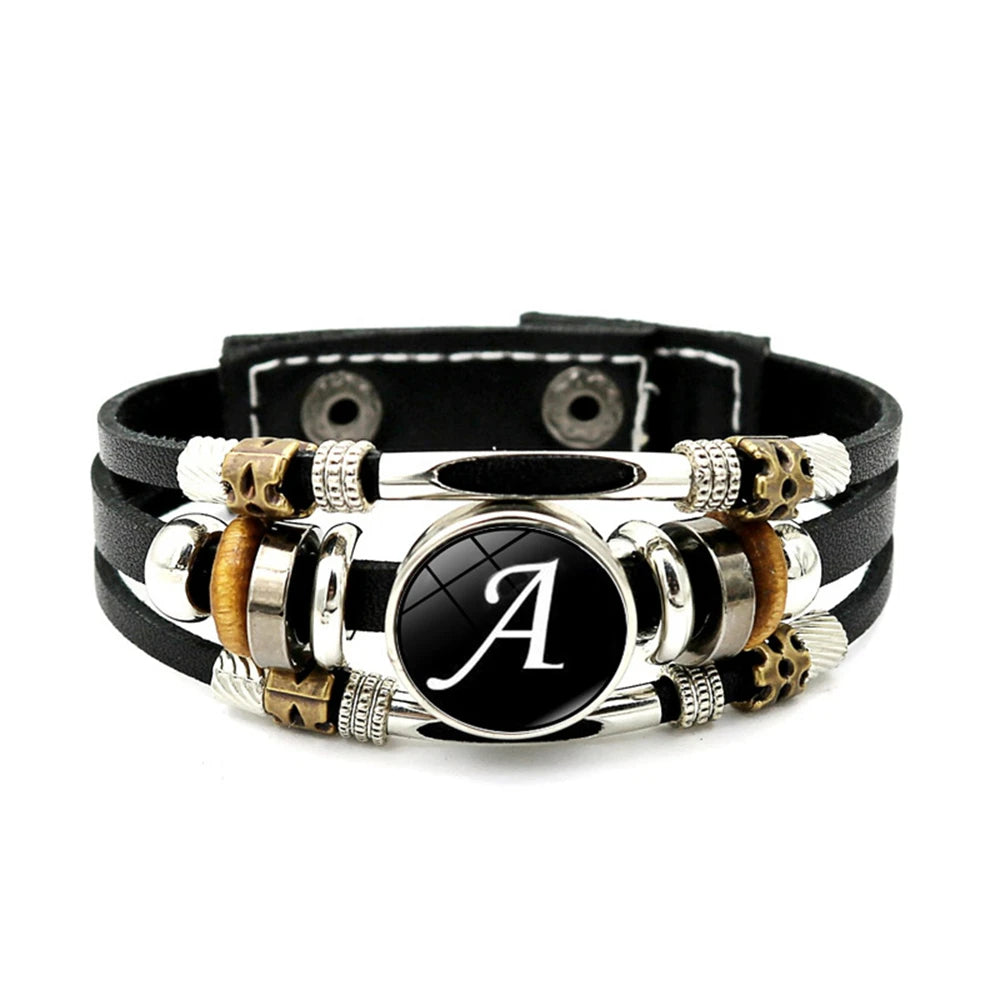 A-Z Name Letter Charm Braided Multilayer Punk Leather Bracelet