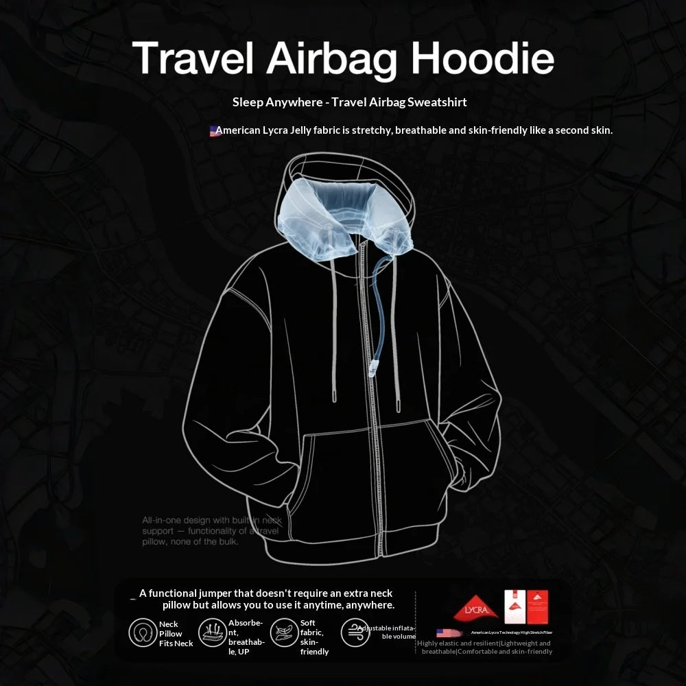 Travel Hoodie With Inbuilt Neck Pillow Inflatable Comfort Invisible Air Cushion
