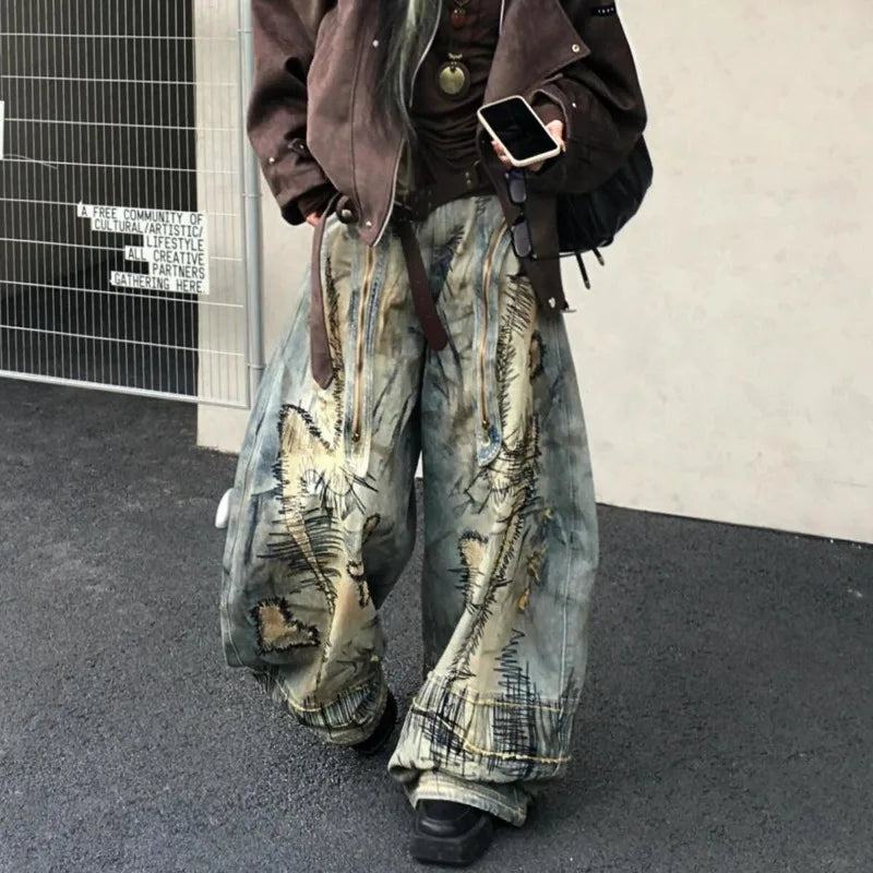 American Street Distressed Embroidered Ultra Baggy Denim Jeans Oversized Retro Wide Leg