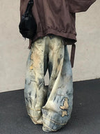 American Street Distressed Embroidered Ultra Baggy Denim Jeans Oversized Retro Wide Leg