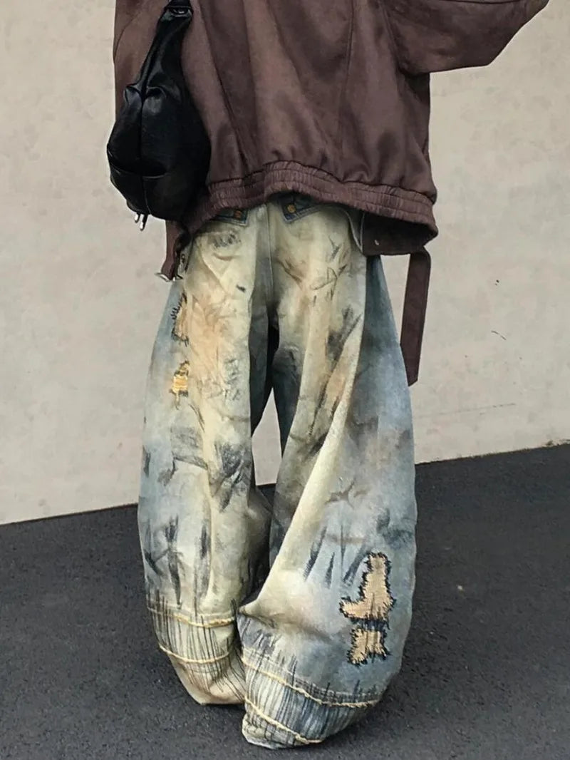 American Street Distressed Embroidered Ultra Baggy Denim Jeans Oversized Retro Wide Leg