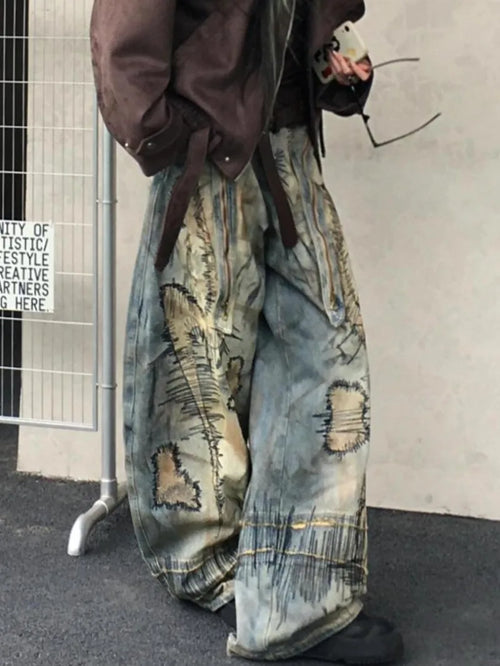 American Street Distressed Embroidered Ultra Baggy Denim Jeans Oversized Retro Wide Leg