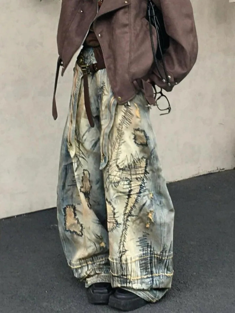 American Street Distressed Embroidered Ultra Baggy Denim Jeans Oversized Retro Wide Leg