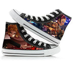 Black high-top sneakers with anime character prints on a white background