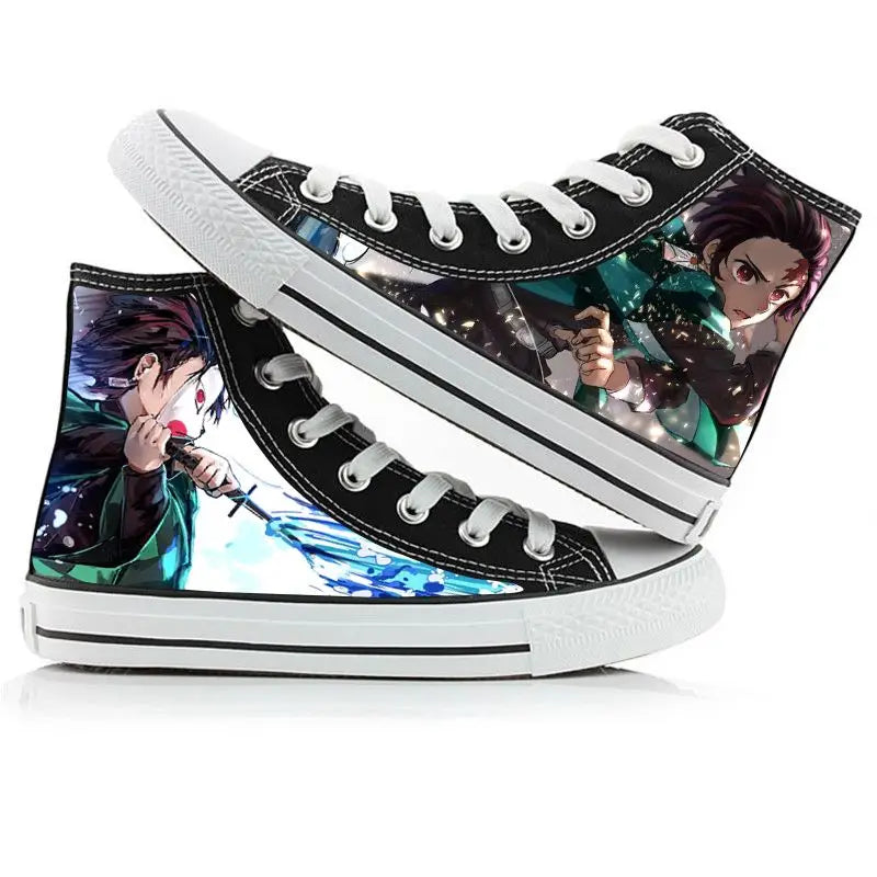 High-top sneakers with anime character design on a white background