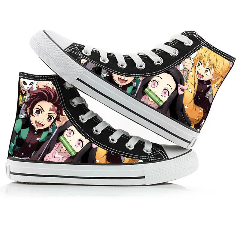 Pair of high-top sneakers with anime character designs on a white background