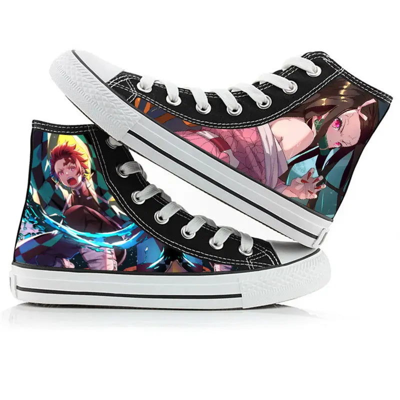 Pair of black sneakers with colorful character designs on a white background