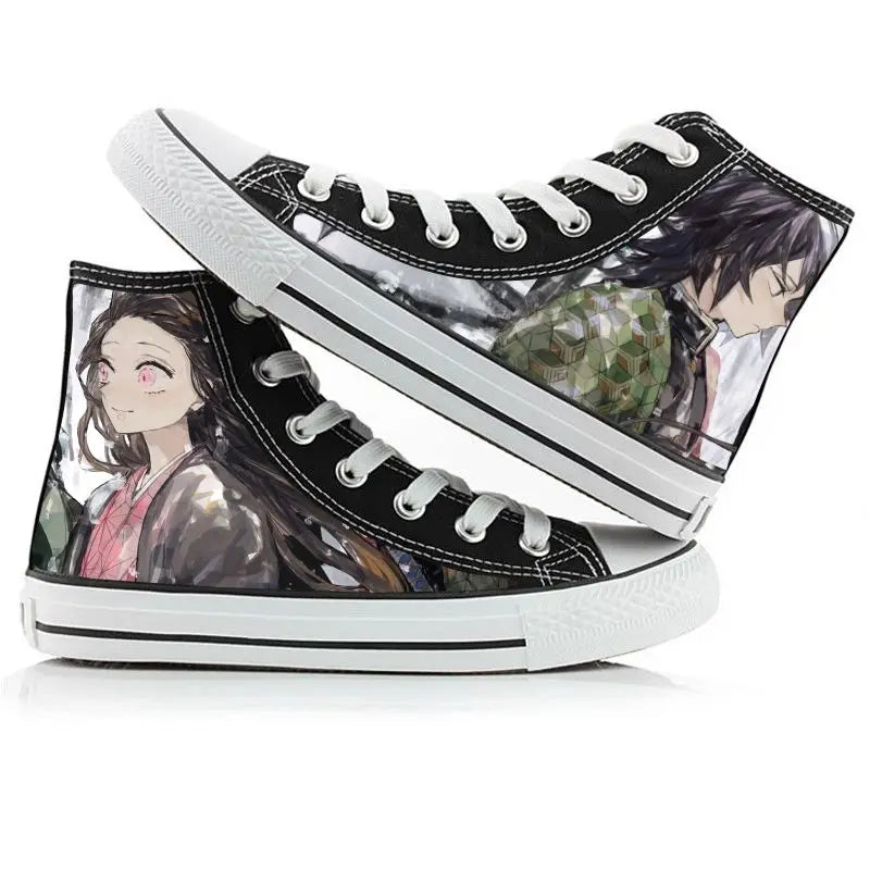 Black high-top sneakers with transparent panels featuring anime character designs on a white background.