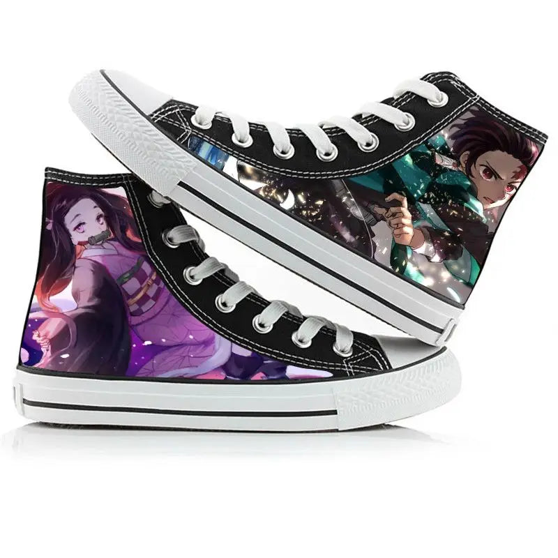 High-top sneakers with anime character designs on a white background
