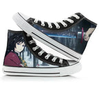 Black high-top sneakers with anime character design on a white background