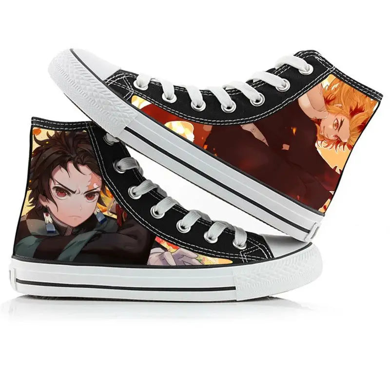 Black high-top sneakers with anime character designs on a white background