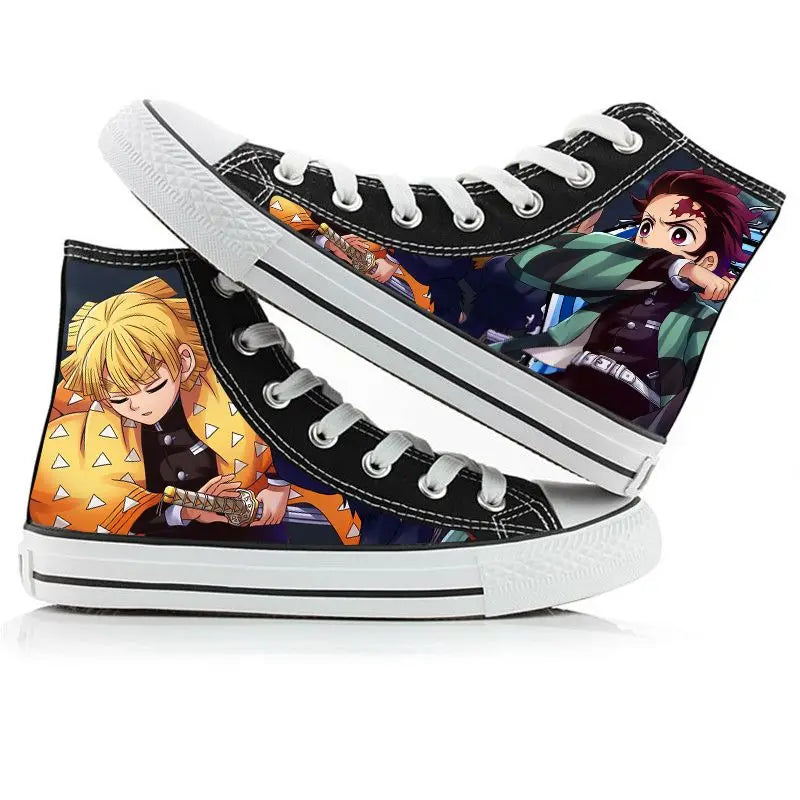 Pair of black high-top sneakers with anime character designs on a white background